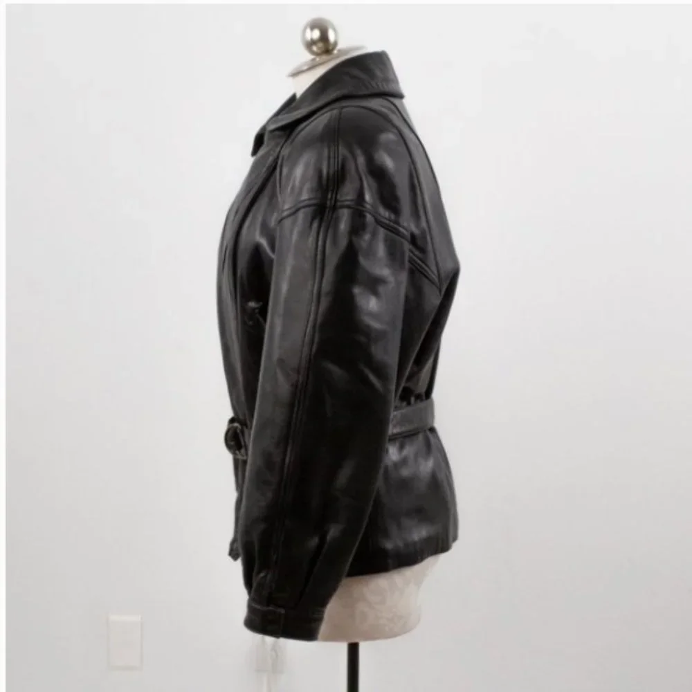 Vintage 80s Black Leather Jacket M Footballer Short Blazer Coat - Picture 7 of 14